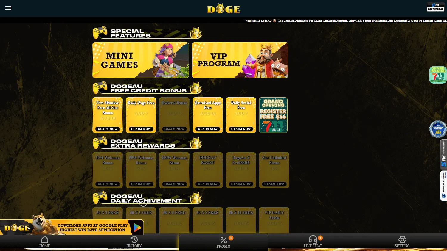 Dogeau Casino desktop promotions area with player offers