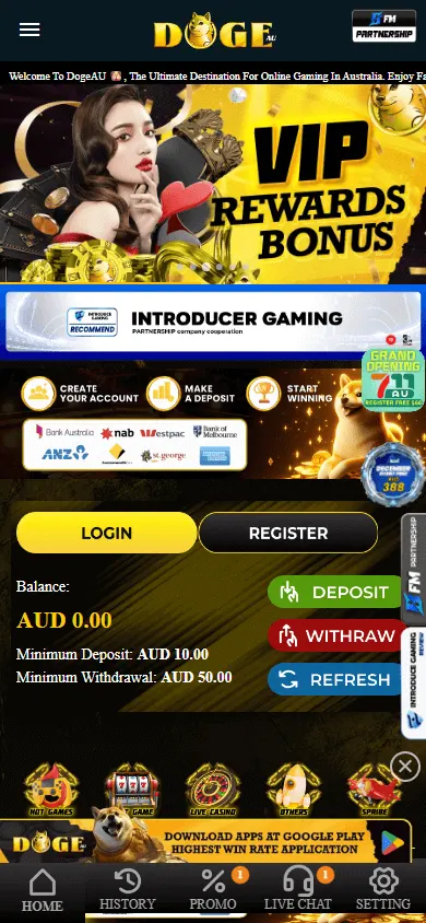 Dogeau Casino mobile home screen with bottom navigation