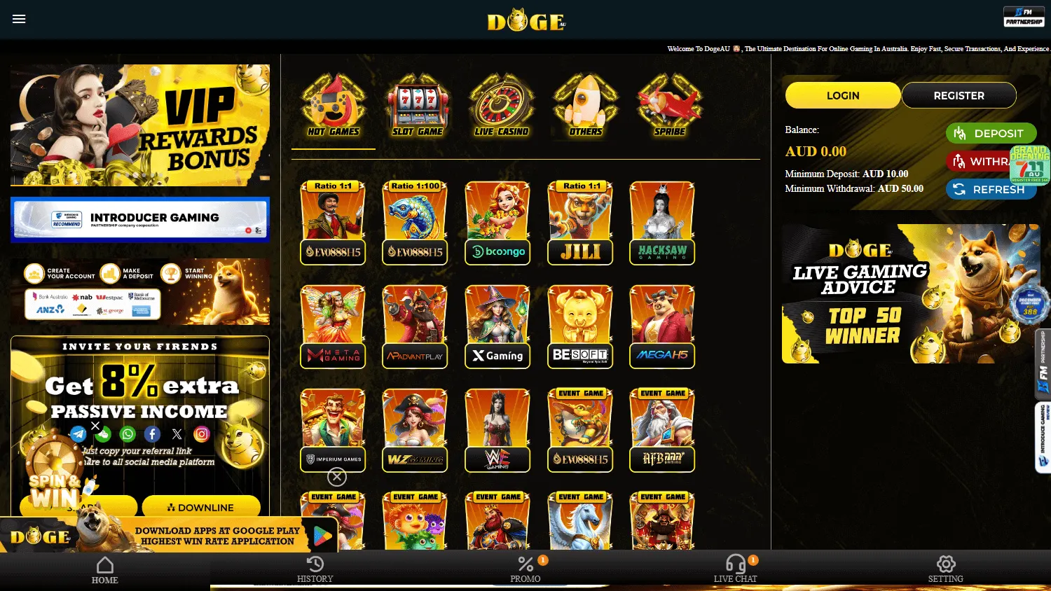 Dogeau Casino desktop home screen for Australian players